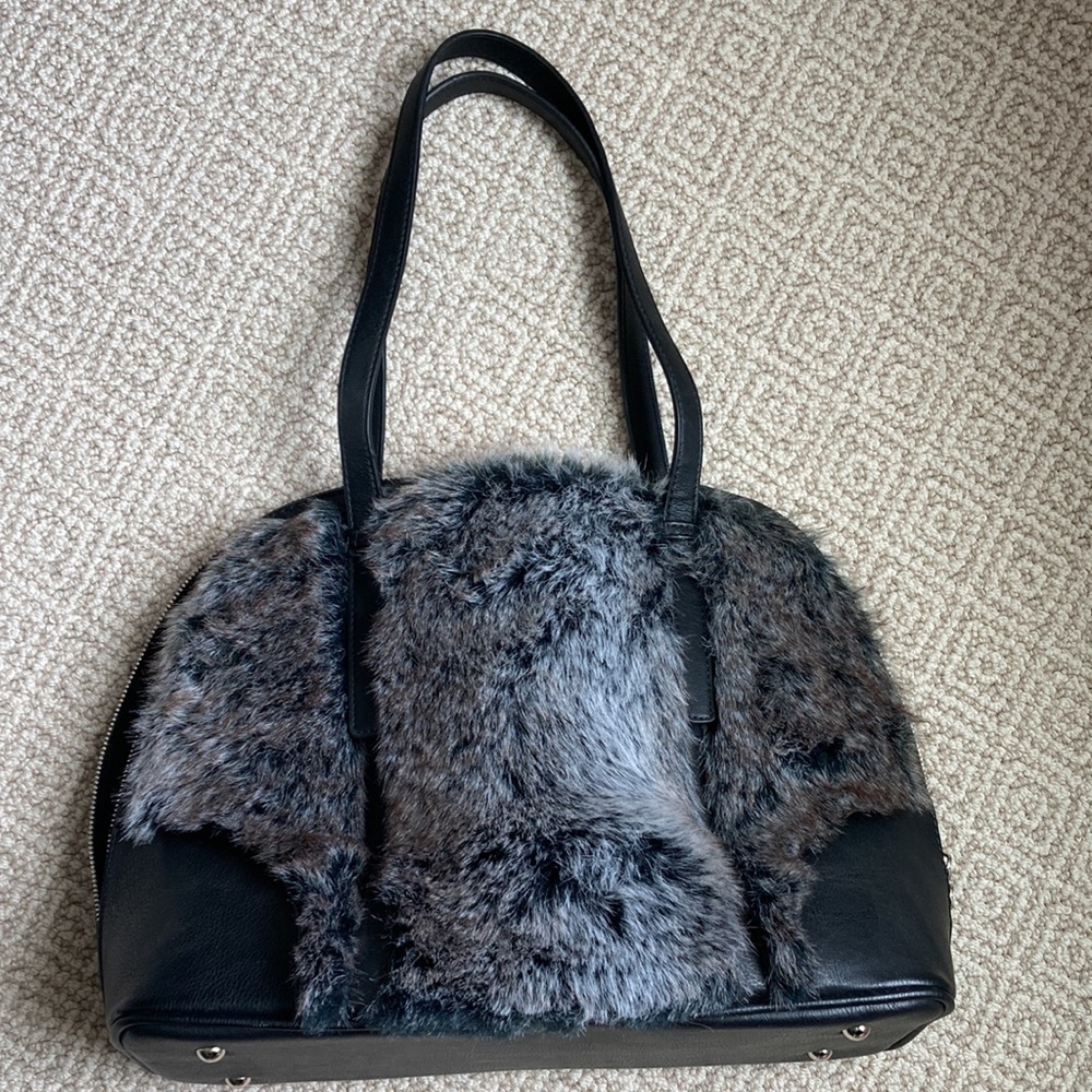 Black Rivet Faux Fur Leather Bag